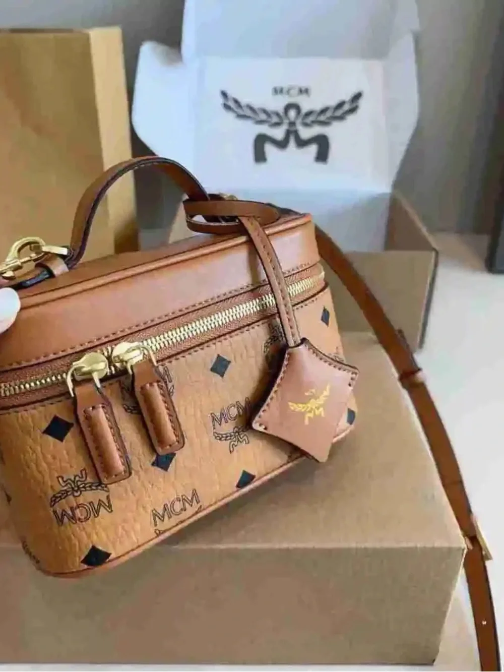 MCM Cognac Visetos Mini Vanity Crossbody with Gold Hardware